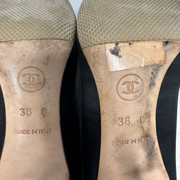 Chanel Shoes Vintage Satin CC Tulle Rosette 80s Cocktail Party Pumps 36 Black - Picture 13 of 13